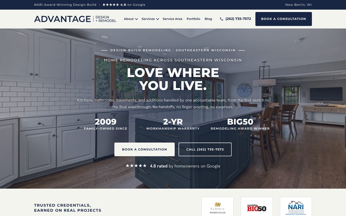 Advantage Design + Remodel website built by Bear North Digital, desktop