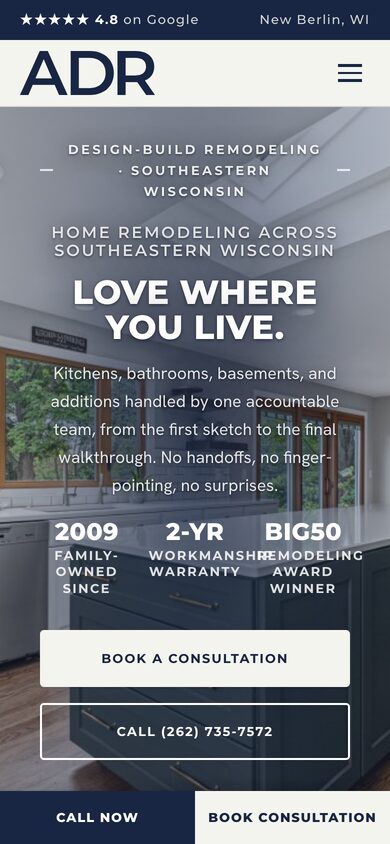 Advantage Design + Remodel website built by Bear North Digital, on a phone