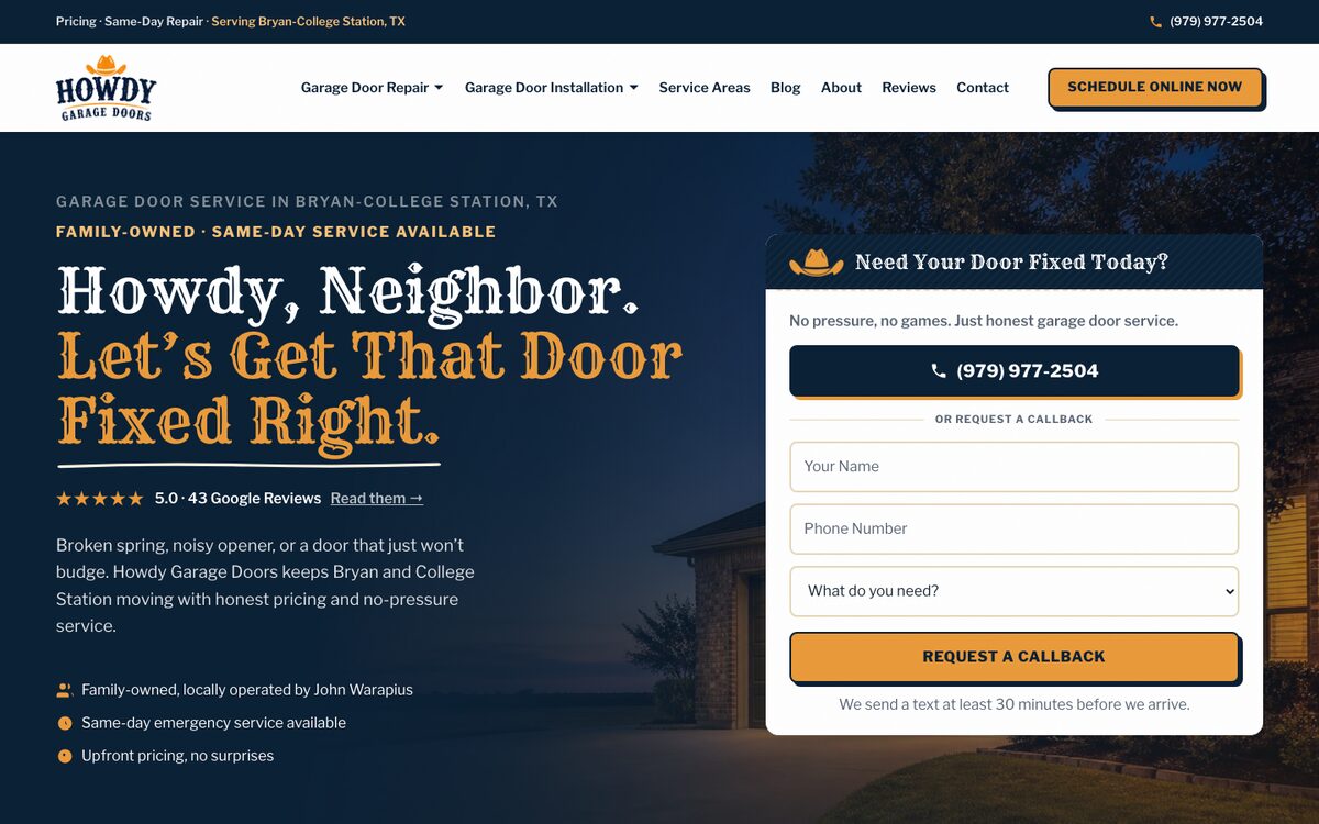 Howdy Garage Doors website built by Bear North Digital, desktop