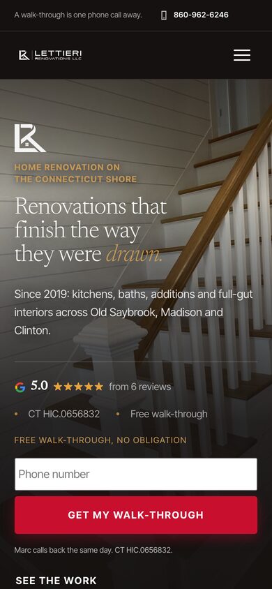 Lettieri Renovations website built by Bear North Digital, on a phone