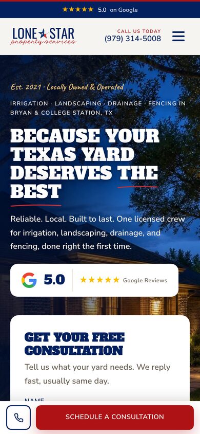 Lone Star Property Services website built by Bear North Digital, on a phone