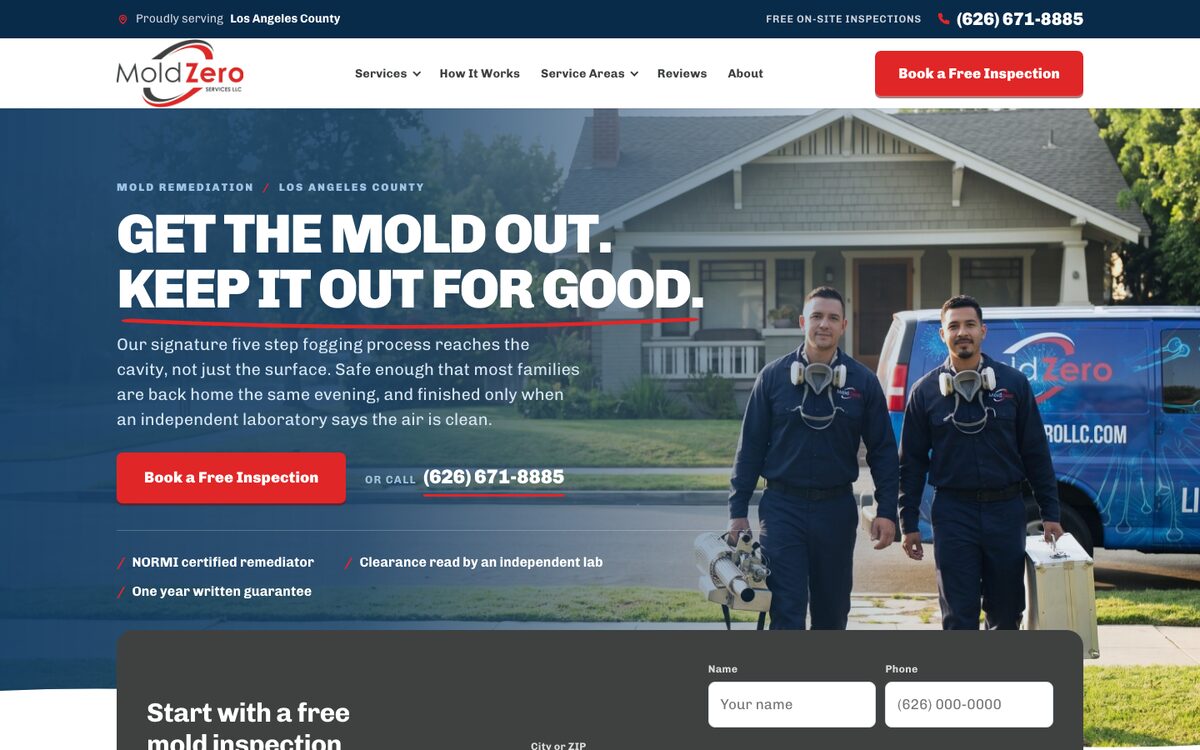 Mold Zero website built by Bear North Digital, desktop
