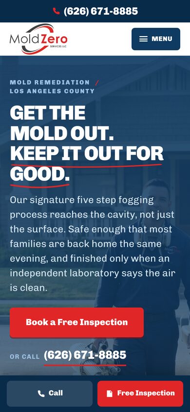 Mold Zero website built by Bear North Digital, on a phone