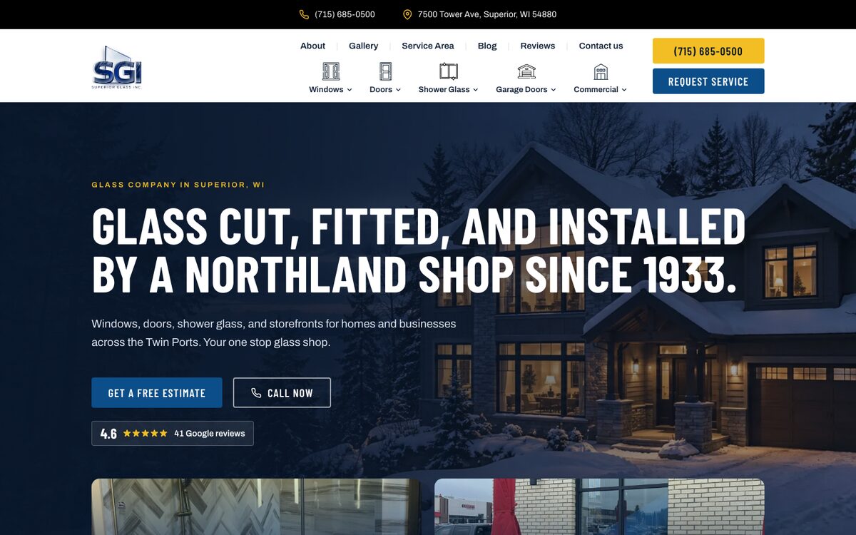 Superior Glass website built by Bear North Digital, desktop